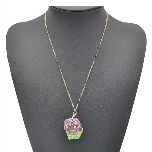 Rainbow Crystal Aura Quartz Necklace Gold PRIDE - Picture 8 of 12